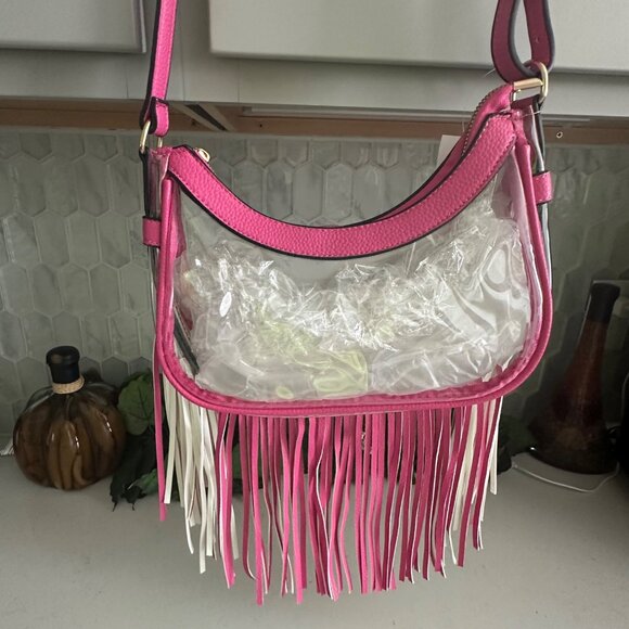 Pink & Clear Fringe Crossbody Bag With Adjustable Strap By Unni - Picture 2 of 6